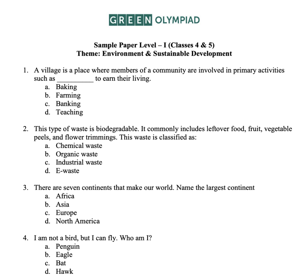 Green Olympiad Previous Year Question Paper Download PDF